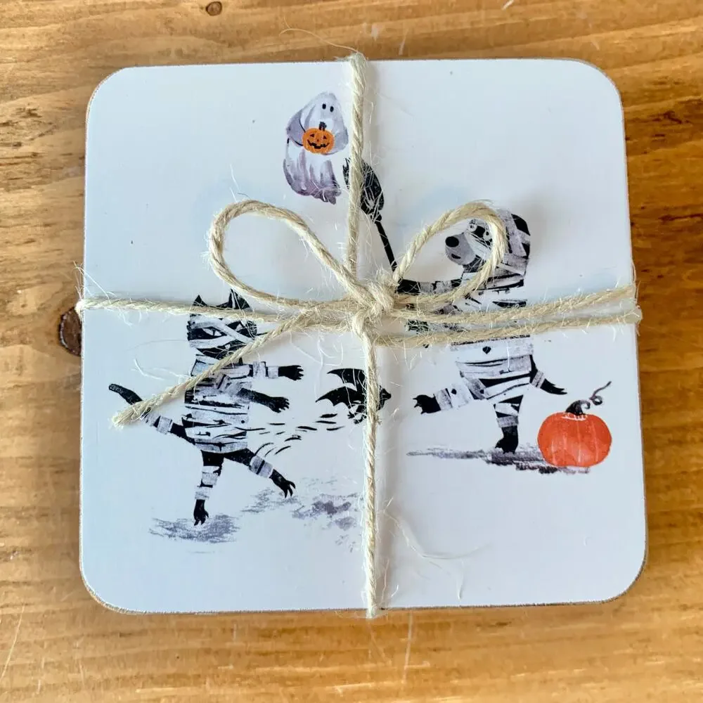 Pottery Barn Doug & Friends Coasters Cork Set of 4 Halloween Skeleton Ghost
